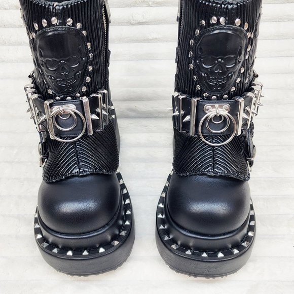 Stud & Skull Patch Black Matte Bear 150 Platform Ankle Boots Goth Punk Rave - Picture 6 of 15
